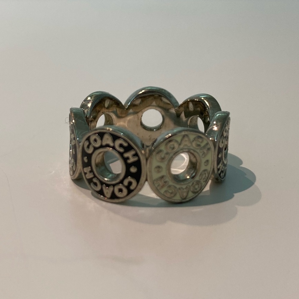 Coach Silver, Ivory & Black Enamel C Logo Ring Sz 7.5